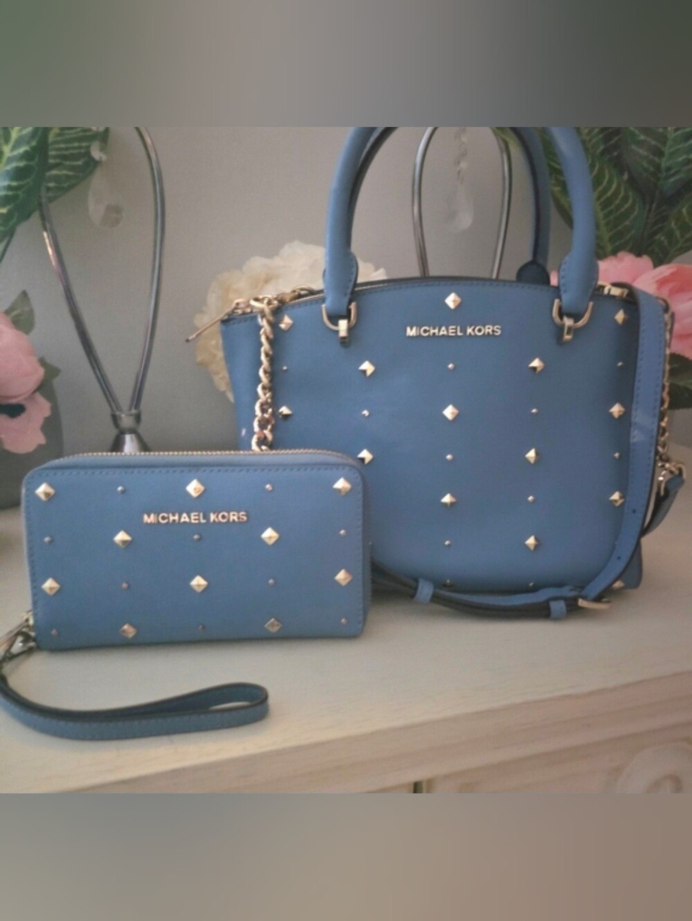 Michael Kors Blue Studded Saffiano Leather Satchel & Wallet Set